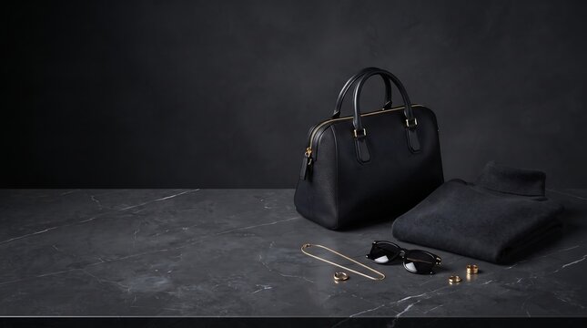 Elegant black leather handbag with classic sunglasses and folded sweater on dark marble tabletop.