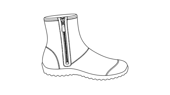 Black outline vector icon of a side zip ankle boot with zipper pull stitching detail rounded toe and wavy tread sole drawn in thin lines in lateral profile view emphasizing outdoor function