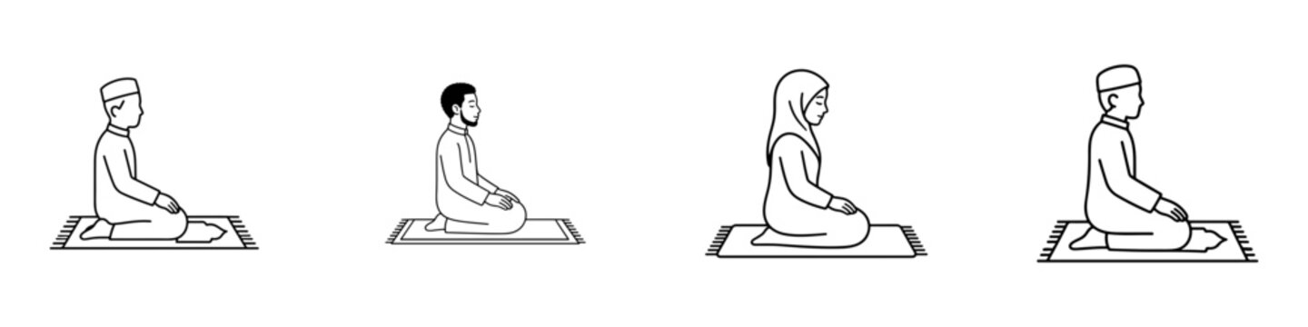 Muslim prayer and Salat icon set showing worship, devotion, prayer positions, and Islamic religious practices.