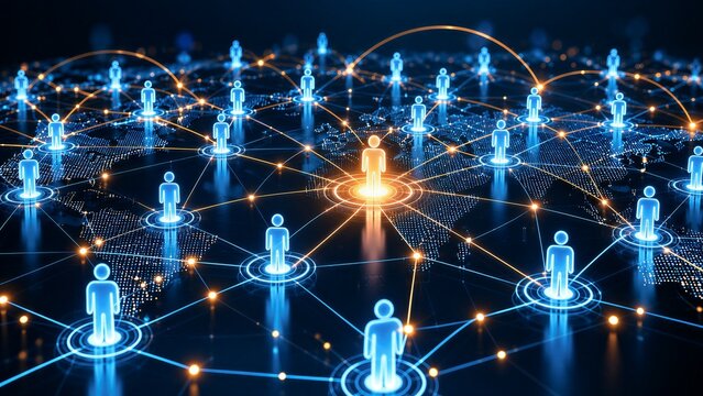 Global network of connected people on digital world map, international business communication and connectivity concept