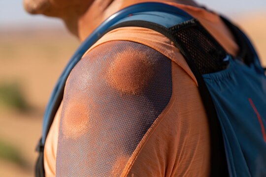Closeup of athlete shoulder with sweat and salt rings during race