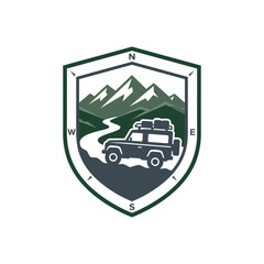 Obraz premium Off-road vehicle adventure emblem with mountain landscape and compass shield badge design