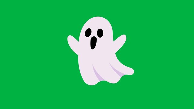 Floating cartoon ghost animation on green screen with gentle hovering motion, blinking eyes and moving mouth, designed for Halloween video effects and compositing.