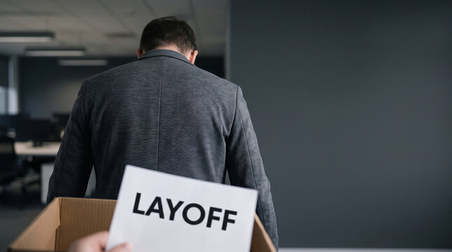 Faceless businessman walking away after receiving explicit layoff paper near cardboard box in modern corporate office