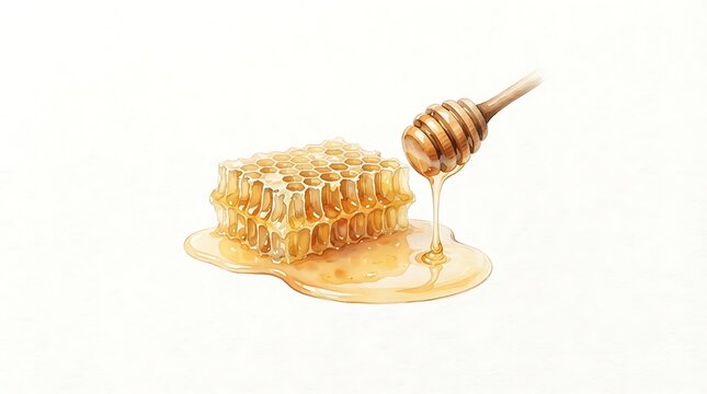 Sweet natural honey comb with wooden dipper isolated on white background
