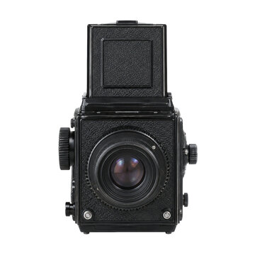 Vintage black medium format twin-lens reflex camera with a textured body and visible lens, isolated on a white background