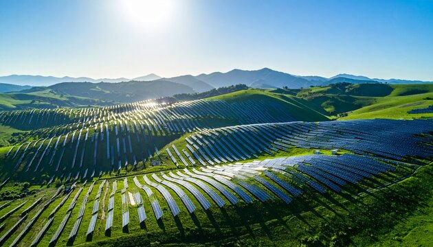 Aerial view of a sprawling solar energy farm featuring rows of photovoltaic panels integrated into rolling green hills under a bright sun showing progress in sustainable power for a greener