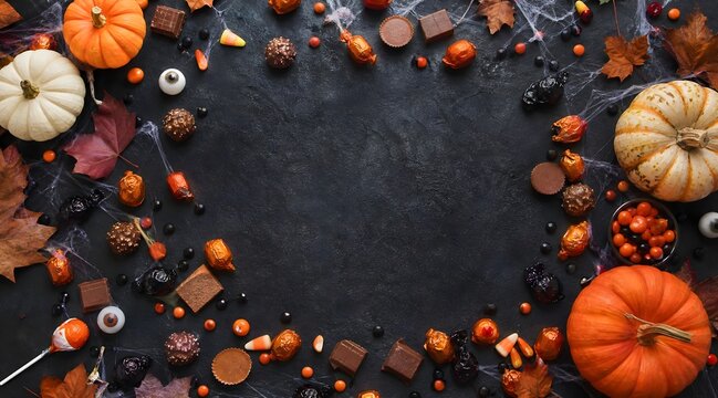 Halloween cookies and chocolate treats on dark background