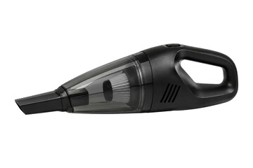 Sleek black handheld vacuum cleaner with a transparent dustbin and filter is positioned on a clean white background © no one