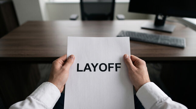 First person POV of faceless employee holding explicit layoff document over dark wooden office desk