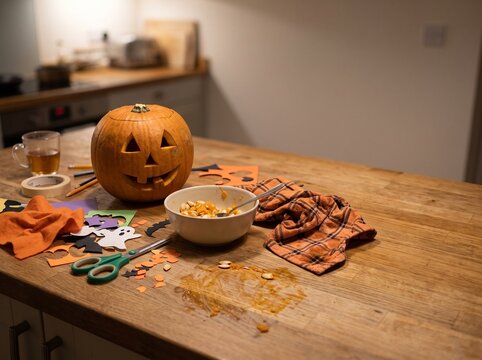Carved Halloween Jack O Lantern and Craft Supplies on Wooden Table