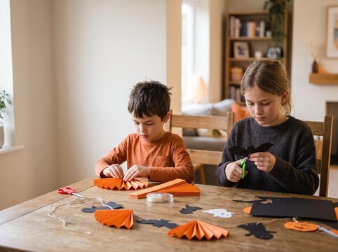 Two children making Halloween decorations at a wooden table.