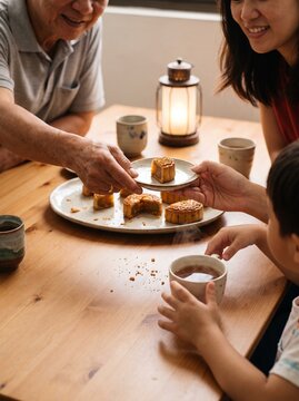 Senior man sharing mooncake with family at wooden table.