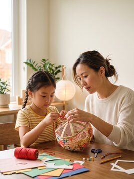 Asian mother and daughter making traditional paper lantern together