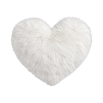 Fluffy white heart-shaped pillow with soft texture, isolated on a clean white background, symbolizing love and comfort
