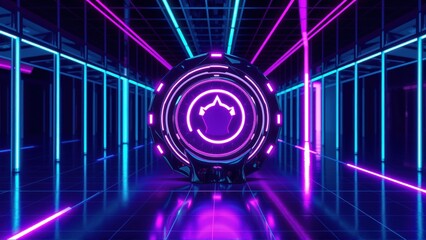 Fototapeta premium Neon lights illuminate futuristic corridor. Geometric shapes create immersive digital space. Dark background enhances vibrant glow.