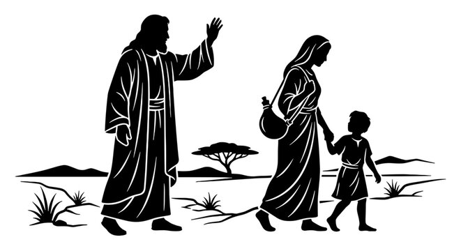 Abraham Farewell to Hagar and Ishmael Old Testament Bible Vector Illustration, Sending Away to Desert, Departure and Exile Story, Biblical Family Drama and Faith Metaphor