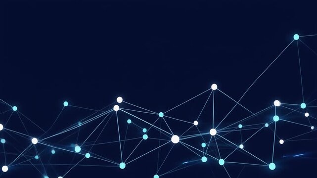 Static camera shot of connected white and blue network nodes on dark navy background with subtle light pulses for technology data connection.