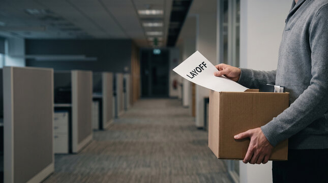 Faceless male employee holding cardboard box and explicit layoff paper standing in empty modern office corridor