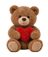 Fototapeta premium Cute brown plush teddy bear holding a soft red heart, sitting happily on a clean white background