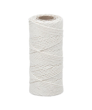 Single large spool of white cotton twine stands vertically, isolated on a clean white background with soft studio lighting