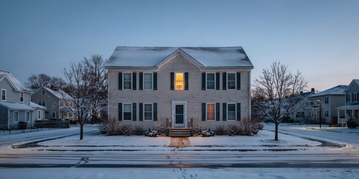 Charming snowcovered suburban house at dusk with glowing windows in a quiet neighborhood