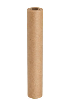 Tall, cylindrical roll of brown kraft paper stands upright, showcasing its natural texture and earthy tone on a clean white background