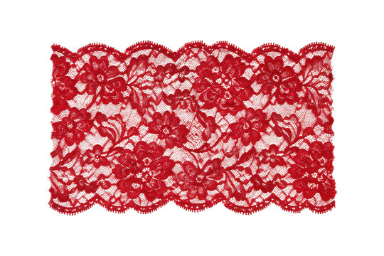 Vibrant red floral lace fabric with delicate scalloped edges is elegantly displayed on a clean white background