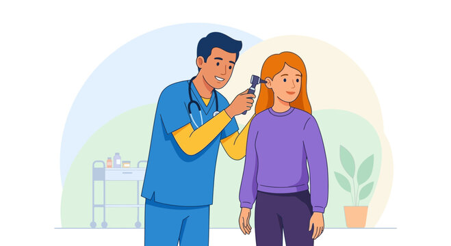 Doctor examines child's ear with otoscope in bright, modern vector illustration style with medical supplies in background.