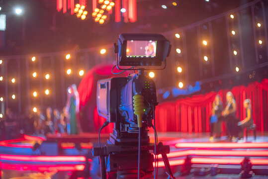  Professional television camera recording live show in studio with copy space