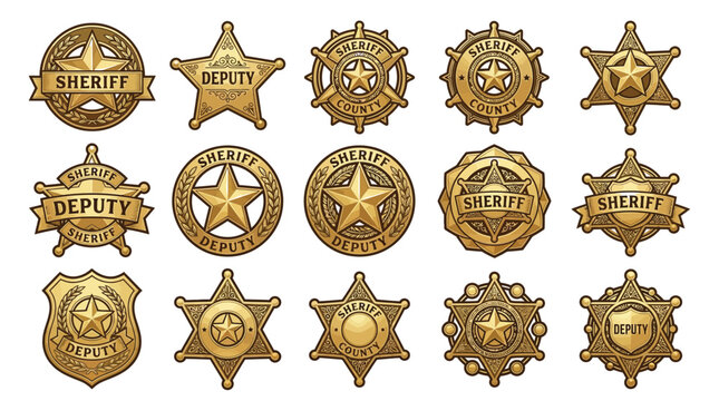 Golden sheriff and deputy badges vector illustration set with intricate vintage engraved metallic details