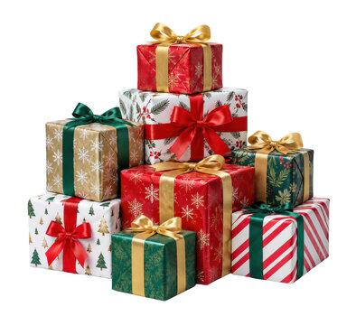 Festive stack of beautifully wrapped Christmas presents with colorful ribbons and bows, isolated on a clean white background