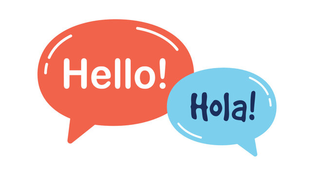 Vibrant speech bubbles vector graphic illustration featuring hello and hola text in colorful styles