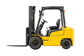 Bright yellow industrial forklift truck with black details, seen from a side profile perspective on a clean white background © no one