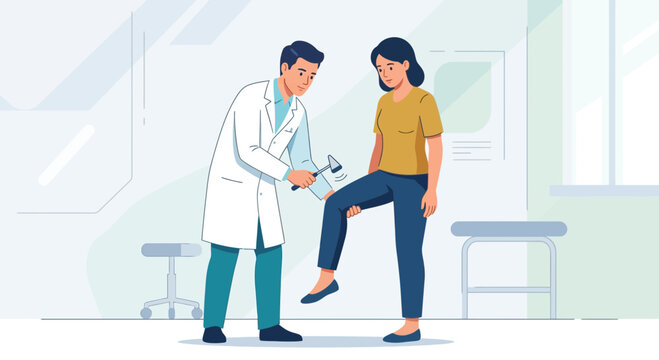 Doctor examines patient's knee reflex with reflex hammer in a medical clinic, vector illustration