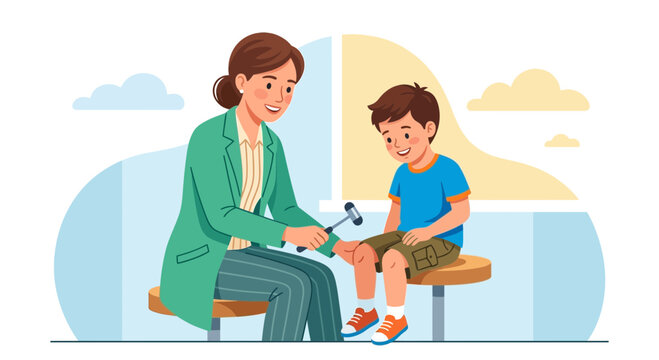 Doctor examining child's knee reflex with reflex hammer, illustration of healthcare and pediatrics