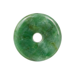 Beautiful polished green jade disc with a central hole, showcasing its natural translucent texture on a white background © no one