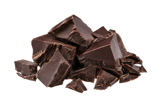 Delicious dark chocolate chunks piled together, showcasing their rich brown color and rough textures against a clean white background