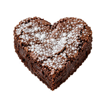 Delicious heart-shaped chocolate brownie dusted with powdered sugar, isolated on a clean white background, perfect for Valentine's Day