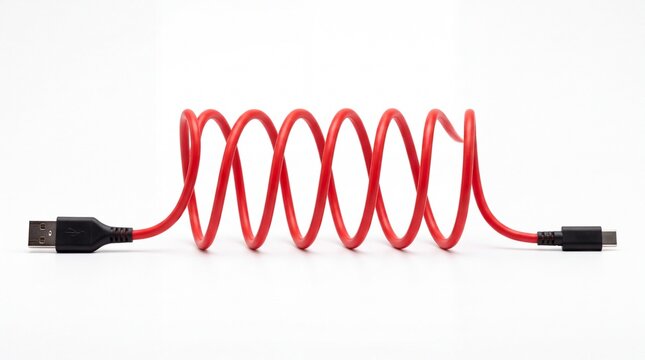 Bright red USB cable coiled neatly into a spiral shape on white background