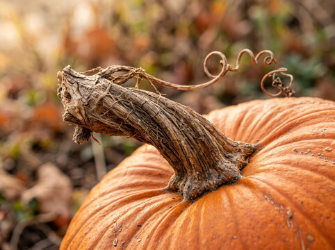 Close up shot of large orange harvest pumpkin sitting among dry leaves and grass outdoors on ground during autumn season