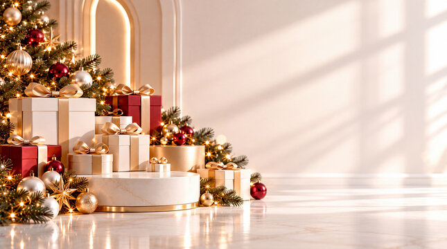 Luxury Christmas Product Podium with Gift Boxes and Festive Tree Decorations