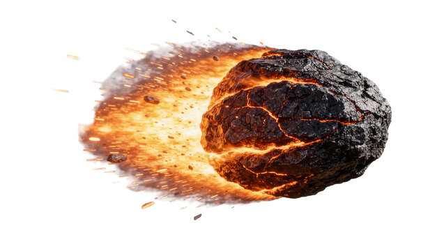 Fiery molten asteroid with glowing cracks trailing smoke and debris, isolated on transparent background