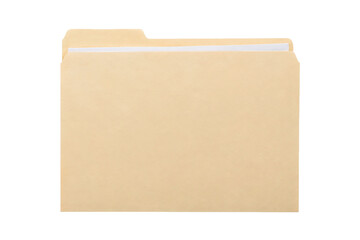 Single manila file folder with white papers inside, standing upright on a clean white background,...