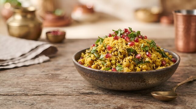 Gujarati Sev Khamani, Amiri Khaman Street Food Snack in Ceramic Bowl. Indian Cuisine Meal
