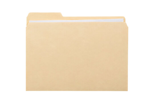 Single manila file folder with white papers inside, standing upright on a clean white background, viewed from a high angle