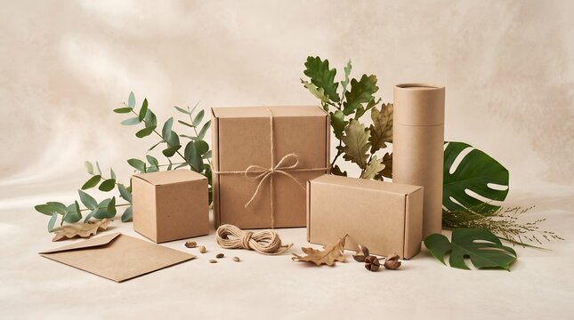 Cardboard packaging and natural green leaves on beige background