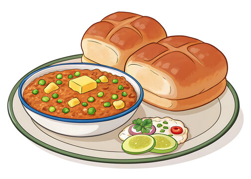 Pav Bhaji  buttery mashed vegetable curry with toasted pav buns, premium vector illustration