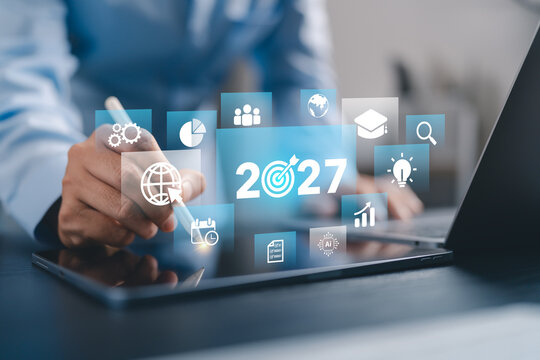 2027 business strategy and growth planning concept. Businessman beginning planning to New year resolution goal, finance, and investment. Trend marketing for Business strategy in 2027