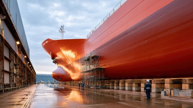 Large red cargo vessel sitting in industrial maritime shipyard dry dock
